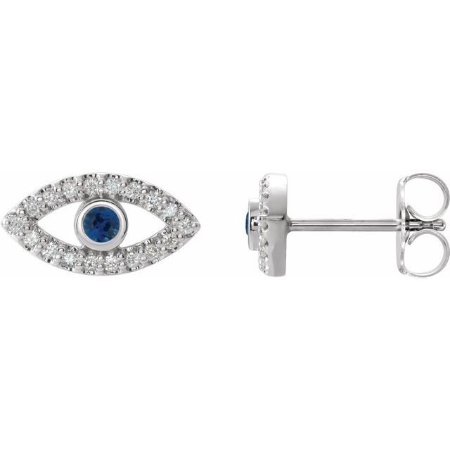 14K White Natural Blue Sapphire & 1/8 CTW Natural Diamond Evil Eye Earrings