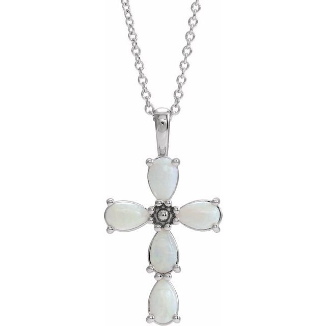 14K White Natural White Opal Cabochon Cross 16-18' Necklace