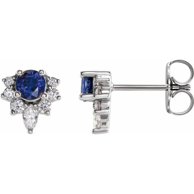 14K White Natural Blue Sapphire & 1/6 CTW Natural Diamond Earrings