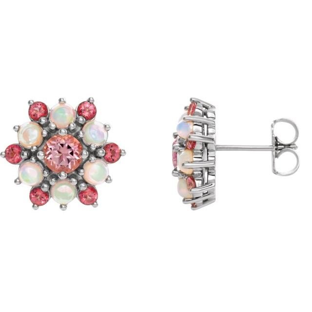 14K White Natural Pink Tourmaline & Natural Ethiopian Opal Cabochon Earrings