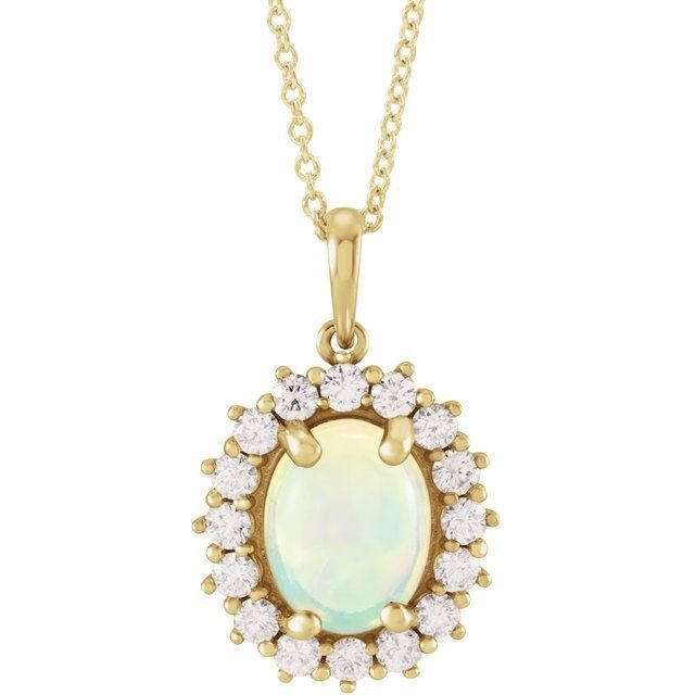14K Yellow Natural White Ethiopian Opal & 1/3 CTW Natural Diamond Halo-Style 16-18' Necklace