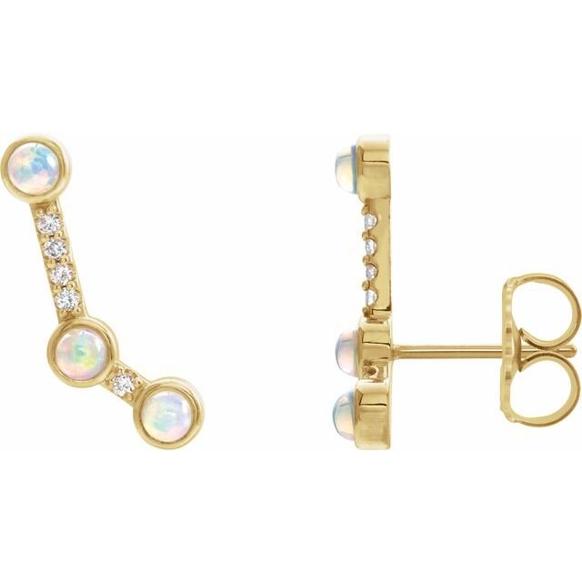 14K Yellow Natural Ethiopian Opal & .08 CTW Natural Diamond Ear Climbers