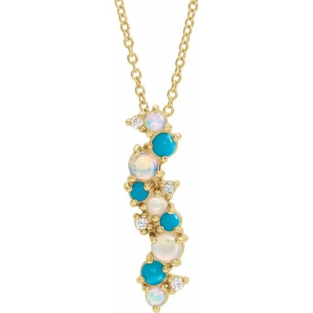 14K Yellow Natural Ethiopian Opal Turquoise & .03 CTW Natural Diamond 16-18' Necklace