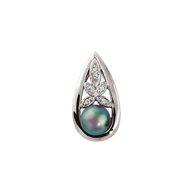 14K White Cultured Black Akoya Pearl & .06 CTW Natural Diamond Pendant