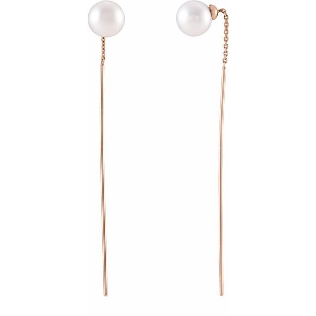 14K Rose Cultured White Freshwater Pearl Threader Earrings
