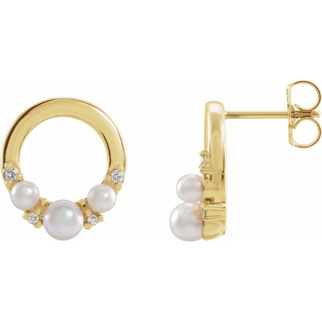 14K Yellow Cultured White Seed Pearl & .06 CTW Natural Diamond Circle Earrings