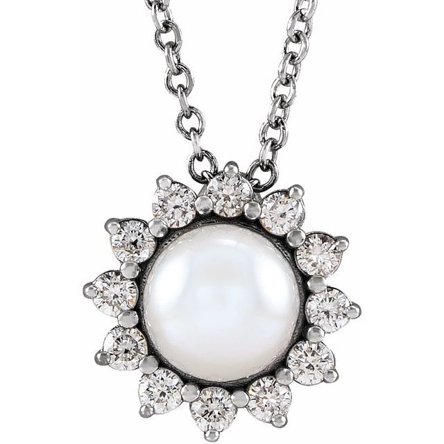14K White  Cultured White Akoya Pearl & 1/6 CTW Natural Diamond Halo-Style 16-18' Necklace