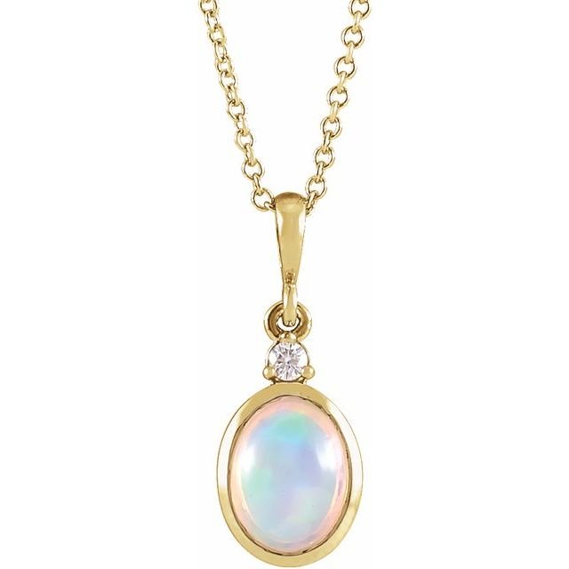14K Yellow 8x6 mm Natural Ethiopian Opal & .03 CT Natural Diamond 16-18' Necklace