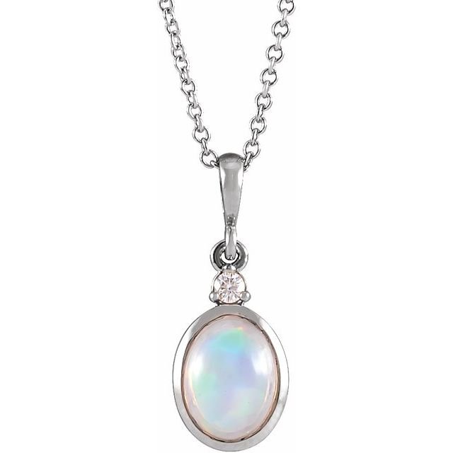 14K White 6x4 mm Natural Ethiopian Opal & .015 CT Natural Diamond 16-18' Necklace