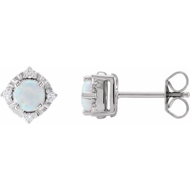 14K White Lab-Grown White Opal & .08 CTW Natural Diamond Halo-Style Earrings