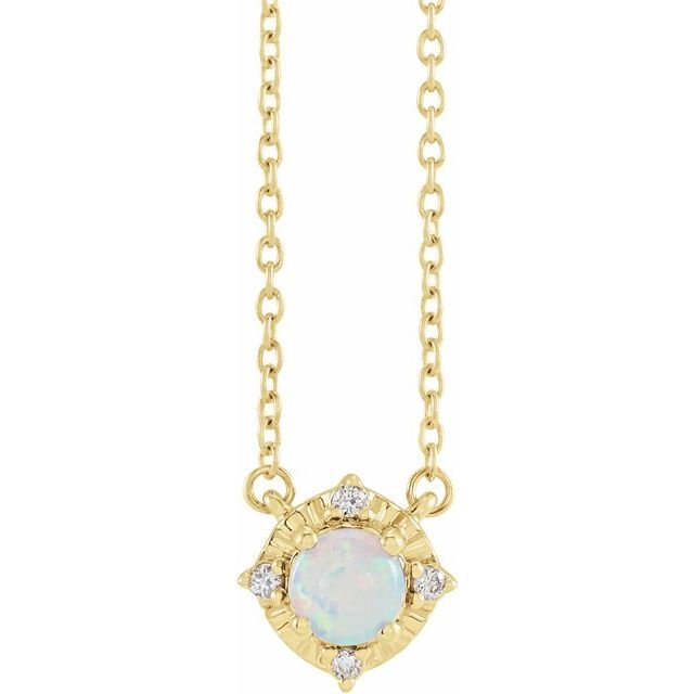 14K Yellow Lab-Grown White Opal & .04 CTW Natural Diamond Halo-Style 18' Necklace