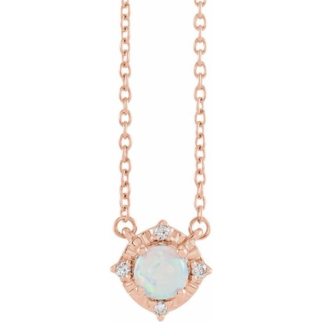 14K Rose Lab-Grown White Opal & .04 CTW Natural Diamond Halo-Style 18' Necklace