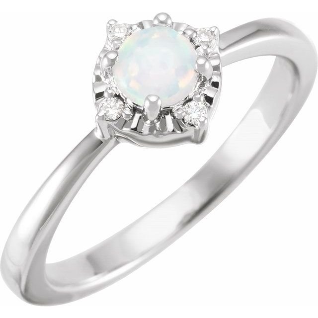 14K White Lab-Grown White Opal & .04 CTW Natural Diamond Halo-Style Ring