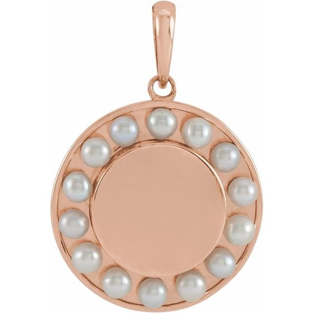 14K Rose Cultured White Seed Pearl Engravable Halo-Style Pendant