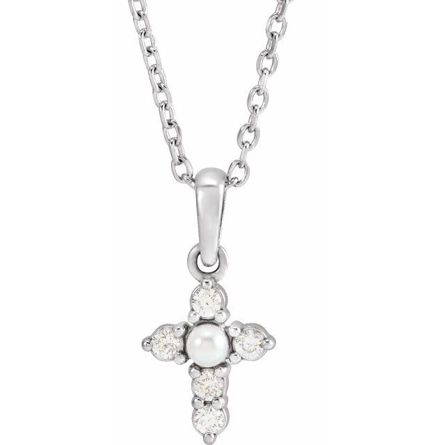 14K White Cultured White Seed Pearl & .07 CTW Natural Diamond Cross 16-18' Necklace