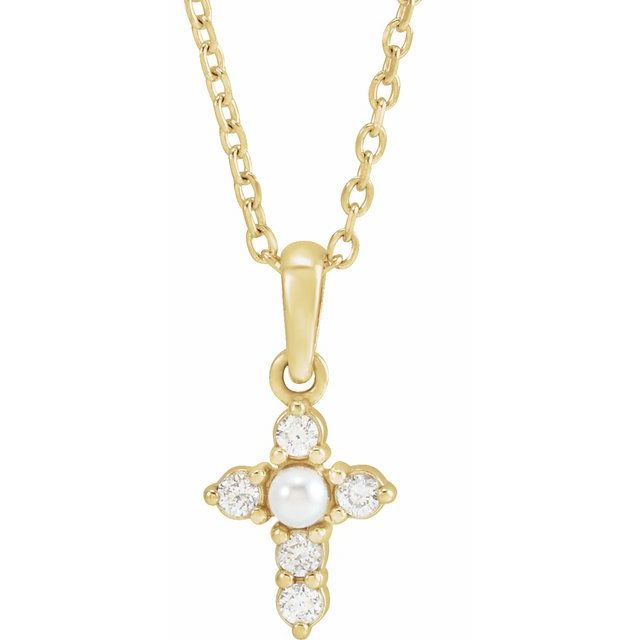 14K Yellow Cultured White Seed Pearl & .07 CTW Natural Diamond Cross 16-18' Necklace