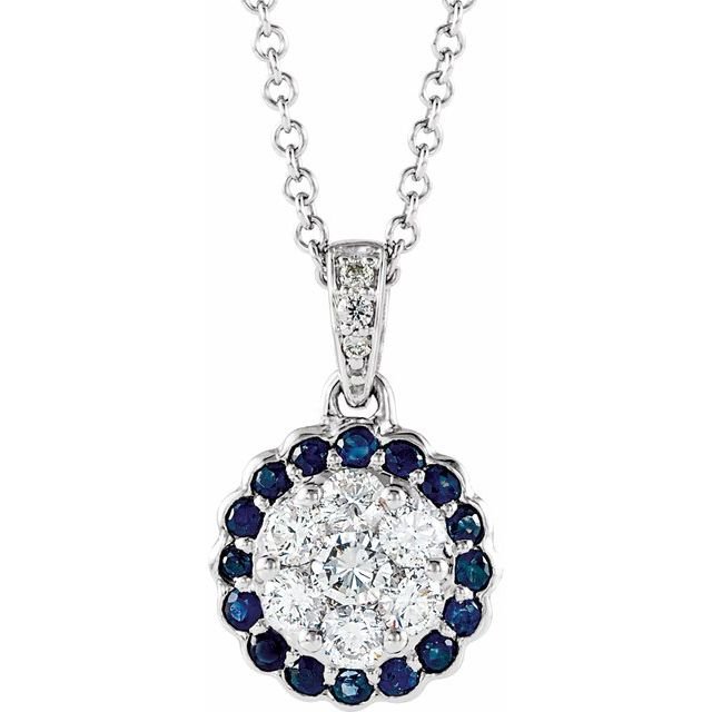 14K White  Natural Blue Sapphire & 1/3 CTW  Natural Diamond 16-18' Necklace