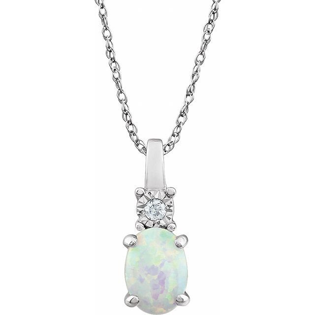 14K White Lab-Grown White Opal & .02 CT Natural Diamond 18' Necklace