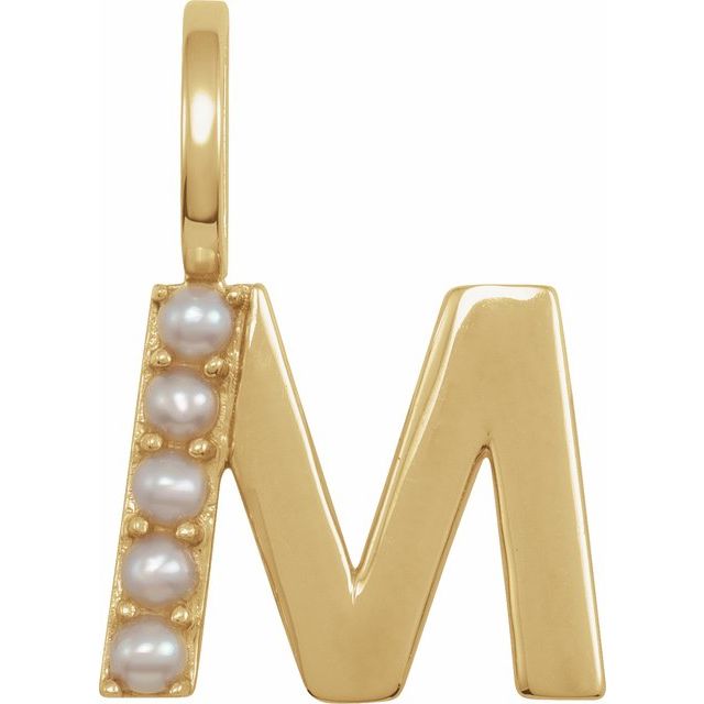 14K Yellow Cultured White Freshwater Pearl Initial M Charm/Pendant