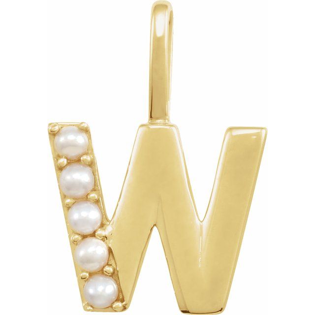 14K Yellow Cultured White Freshwater Pearl Initial W Charm/Pendant