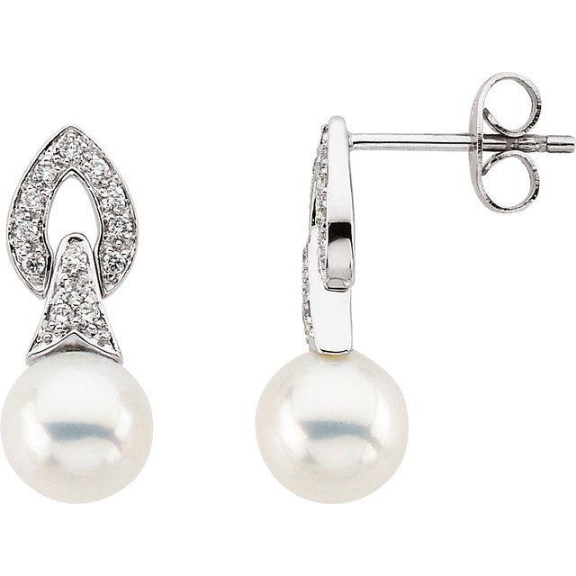 14K White Cultured White Freshwater Pearl & 1/6 CTW Natural Diamond Earrings