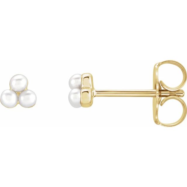 14K Yellow Cultured White Freshwater Pearl Cluster Earrings