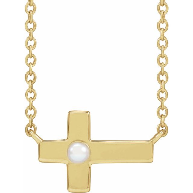 14K Yellow Cultured White Seed Pearl Sideways Cross 16-18' Necklace