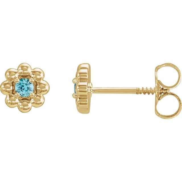 14K Yellow Natural Blue Zircon Petite Flower Beaded Earrings
