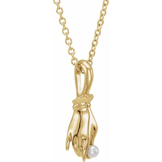 14K Yellow Cultured White Seed Pearl Buddha Hand 16-18' Necklace