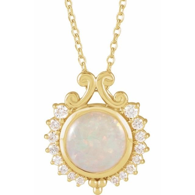 14K Yellow Natural White Opal & 1/6 CTW Natural Diamond 
 16-18' Necklace