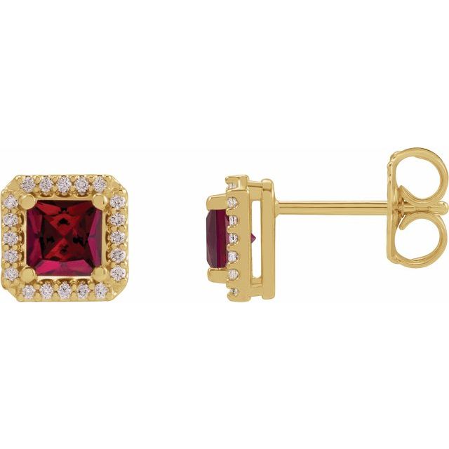 14K Yellow Lab-Grown Ruby & .08 CTW Natural Diamond Halo-Style Earrings