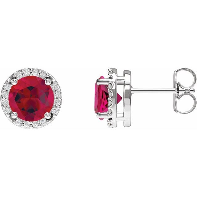 Sterling Silver Lab-Grown Ruby & .05 CTW Natural Diamond Halo-Style Earrings