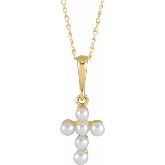 14K Yellow Cultured White Seed Pearl Youth Cross 16' Necklace