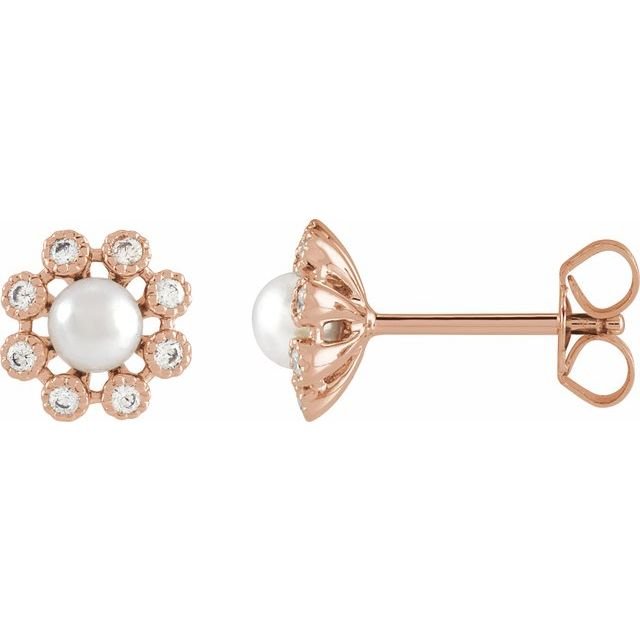 14K Rose Cultured White Freshwater Pearl & 1/8 CTW Natural Diamond Earrings