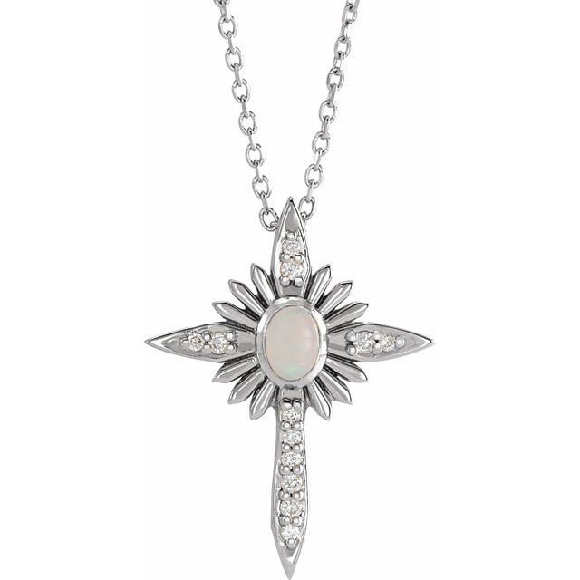 Sterling Silver Natural White Opal & .06 CTW Natural Diamond Nativity Cross 16-18' Necklace