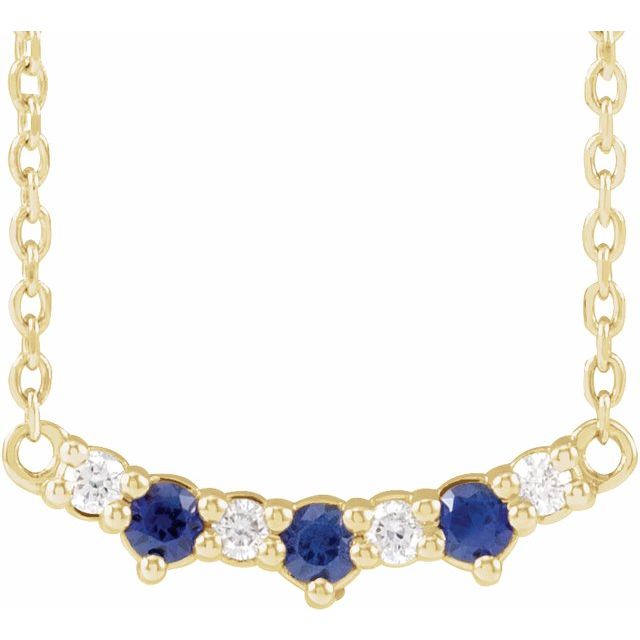 14K Yellow Lab-Grown Blue Sapphire & .05 CTW Natural Diamond Three-Stone Bar 18' Necklace