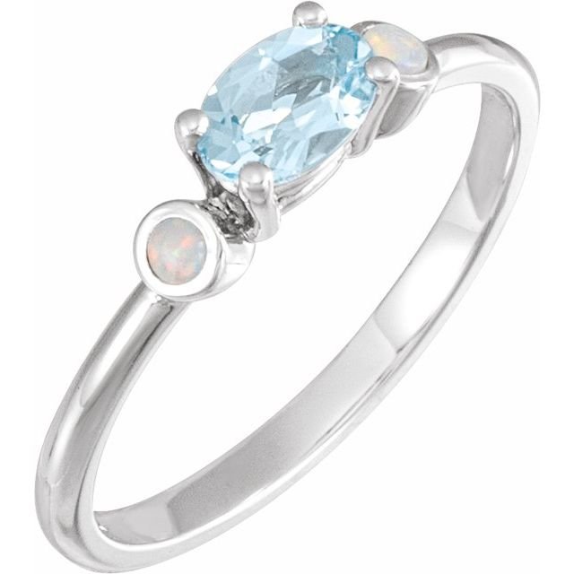 14K White 6x4 mm Natural Sky Blue Topaz & Natural White Opal Ring