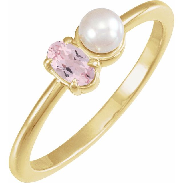 14K Yellow Natural Morganite & Cultured White Akoya Pearl Ring