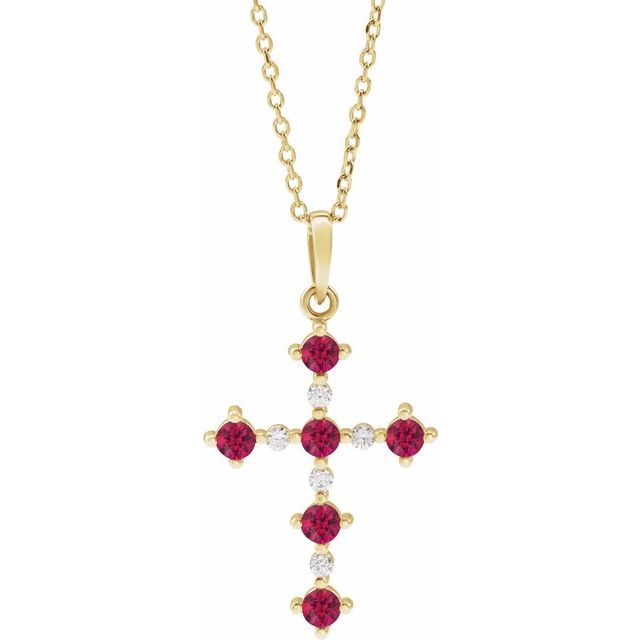 14K Yellow Lab-Grown Ruby & .07 CTW Natural Diamond Cross 16-18' Necklace