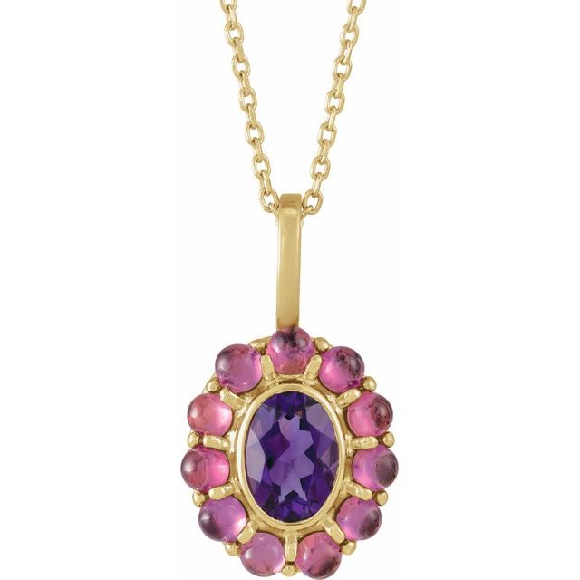 14K Yellow Natural Amethyst & Natural Rhodolite Garnet Halo-Style 16-18' Necklace