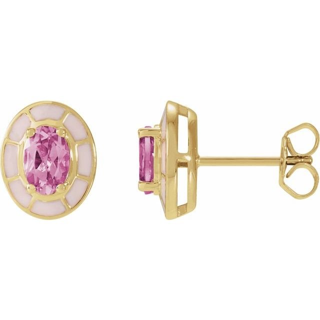 14K Yellow Natural Pink Tourmaline & Pink Enamel Stud Earrings