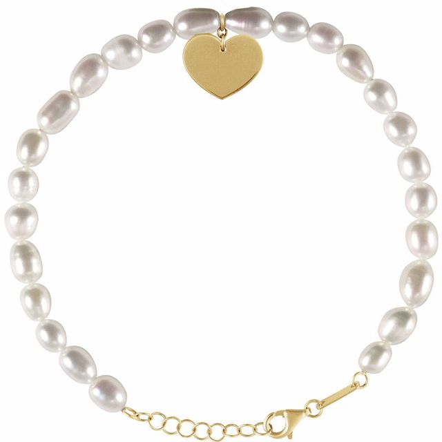 14K Yellow Cultured White Freshwater Pearl & Heart 7-8' Bracelet