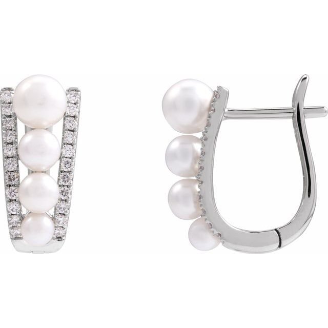 14K White Cultured White Freshwater Pearl & 1/4 CTW Natural Diamond Hoop Earrings