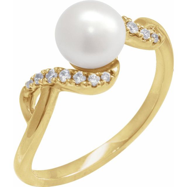 14K Yellow Cultured White Freshwater Pearl & 1/8 CTW Natural Diamond Ring