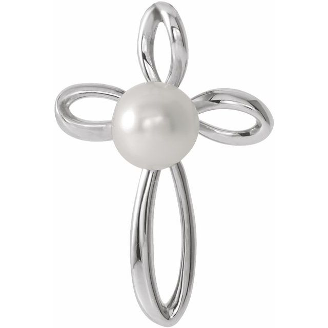 14K White Cultured White Freshwater Pearl Cross Pendant