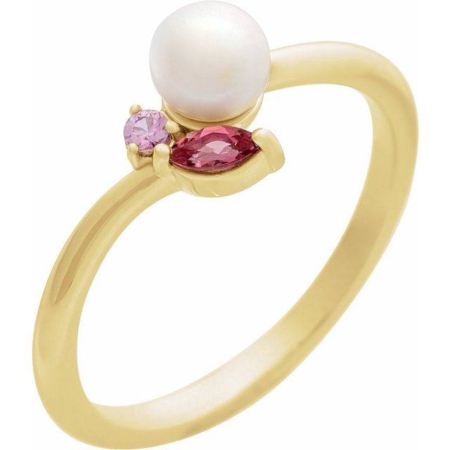 14K Yellow Cultured White Akoya Pearl, Natural Pink Tourmaline & Natural Pink Sapphire Ring