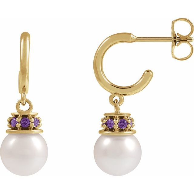 14K Yellow Cultured White Freshwater Pearl & Lab-Grown Purple Sapphire Hoop Earrings