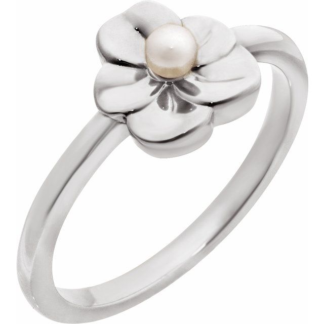 14K White Cultured White Seed Pearl Floral Ring