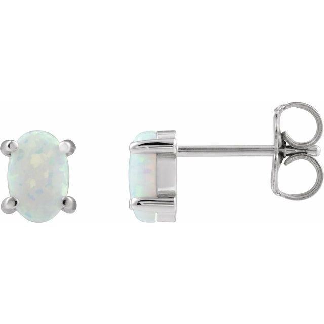 14K White 6x4 mm Oval Lab-Grown White Opal Earrings