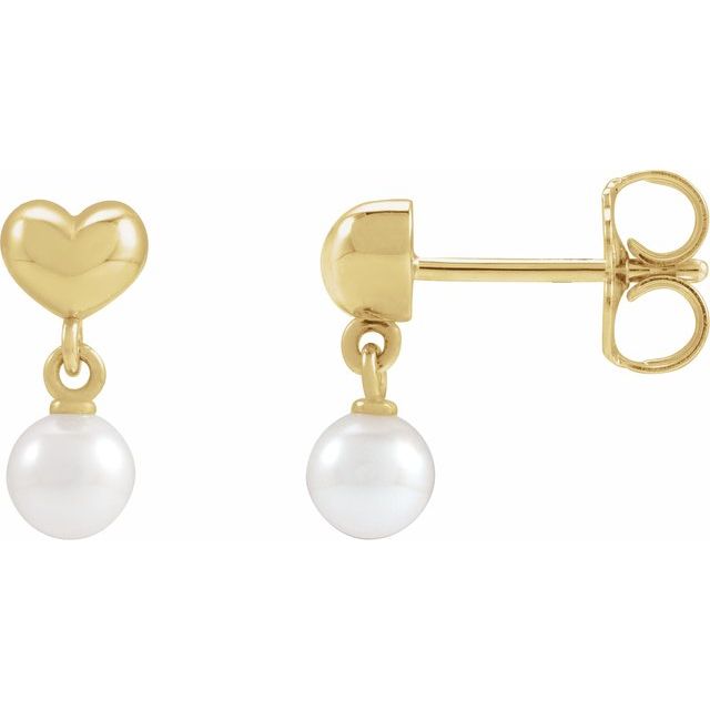 14K Yellow Cultured White Freshwater Pearl & Heart Dangle Earrings